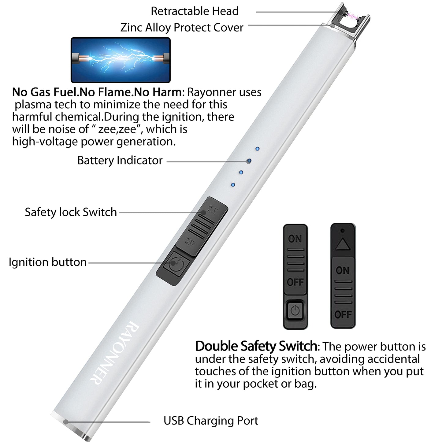 RAYONNER Candle Lighter Plasma Arc Lighters Windproof Flameless with USB Rechargeable Battery Double Safety Switch (1Pack, Rose Gold)