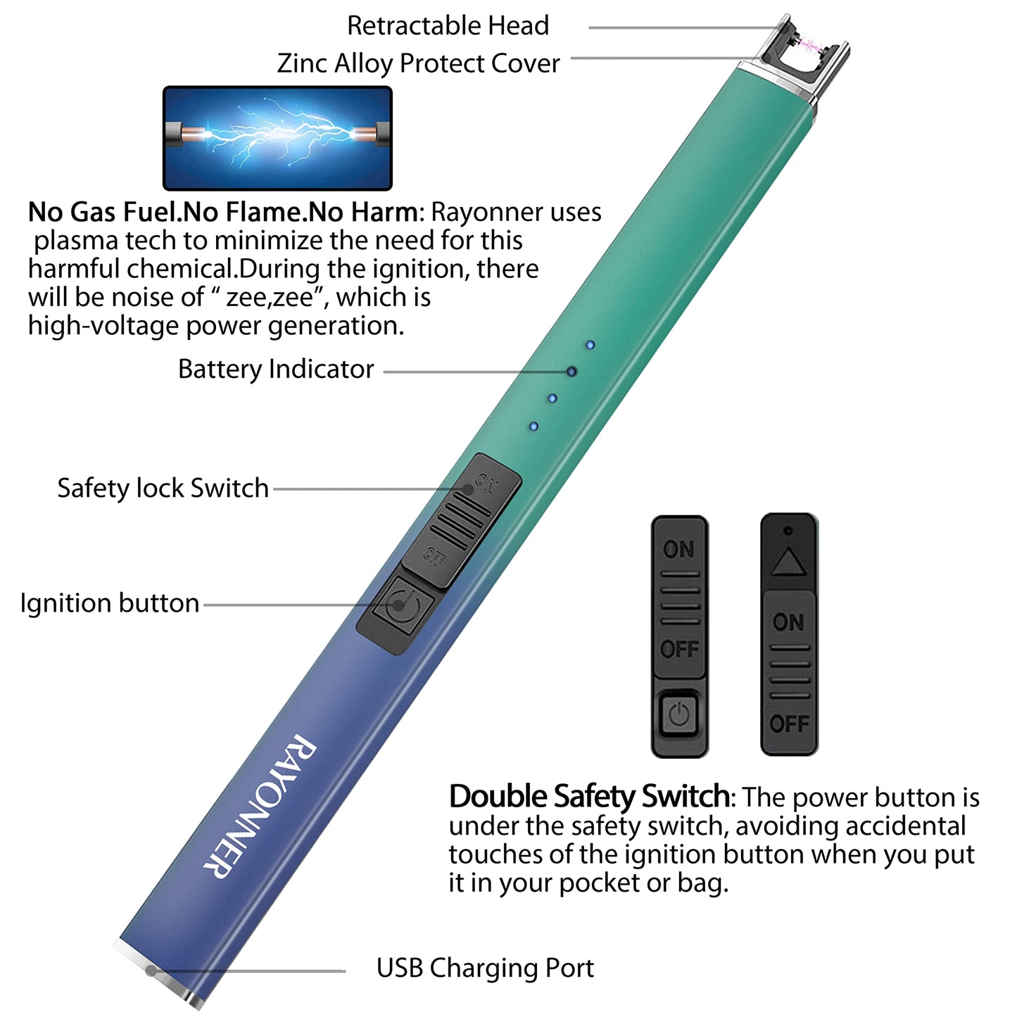 RAYONNER Candle Lighter Plasma Arc Lighters Windproof Flameless with USB Rechargeable Battery Double Safety Switch (1Pack, Rose Gold)